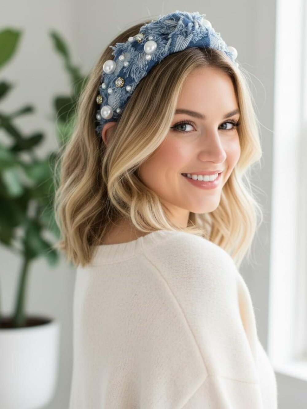 NEW Denim Headband Non Slip Trendy Denim Knotted w Pearls Hair Band Accessories‎